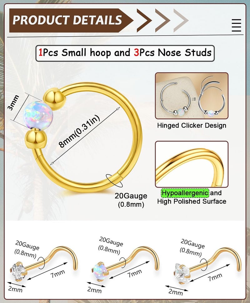 AMASIS Opal Nose Ring Studs Horseshoe Nose Rings Hoops Stud 316L Stainless Steel Nose Rings Round CZ Square Screw L Shaped Nose Stud Hypoallergenic Nostril Piercing Jewelry for Women Men - Image 2